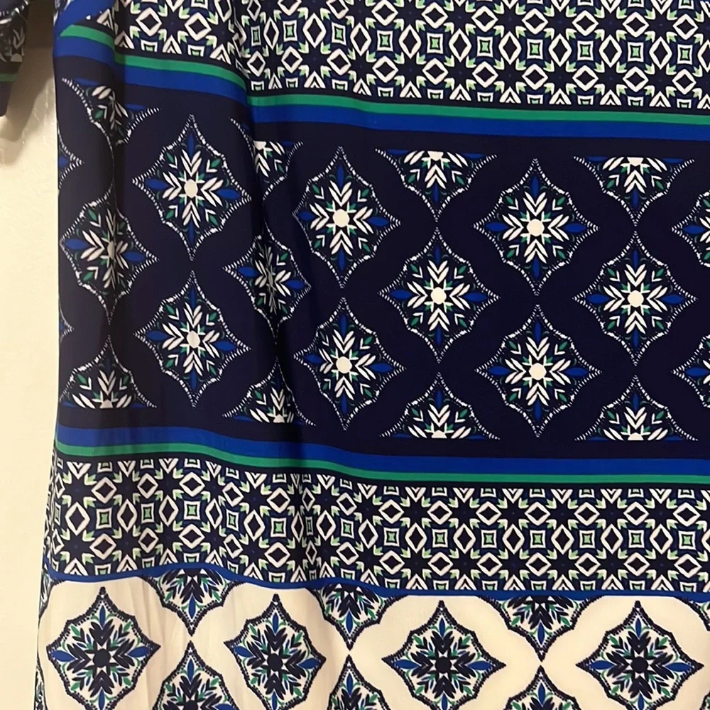 Eliza J Short-Sleeve Dress with Blue, White and Green tile pattern, 16W - Picture 3 of 7